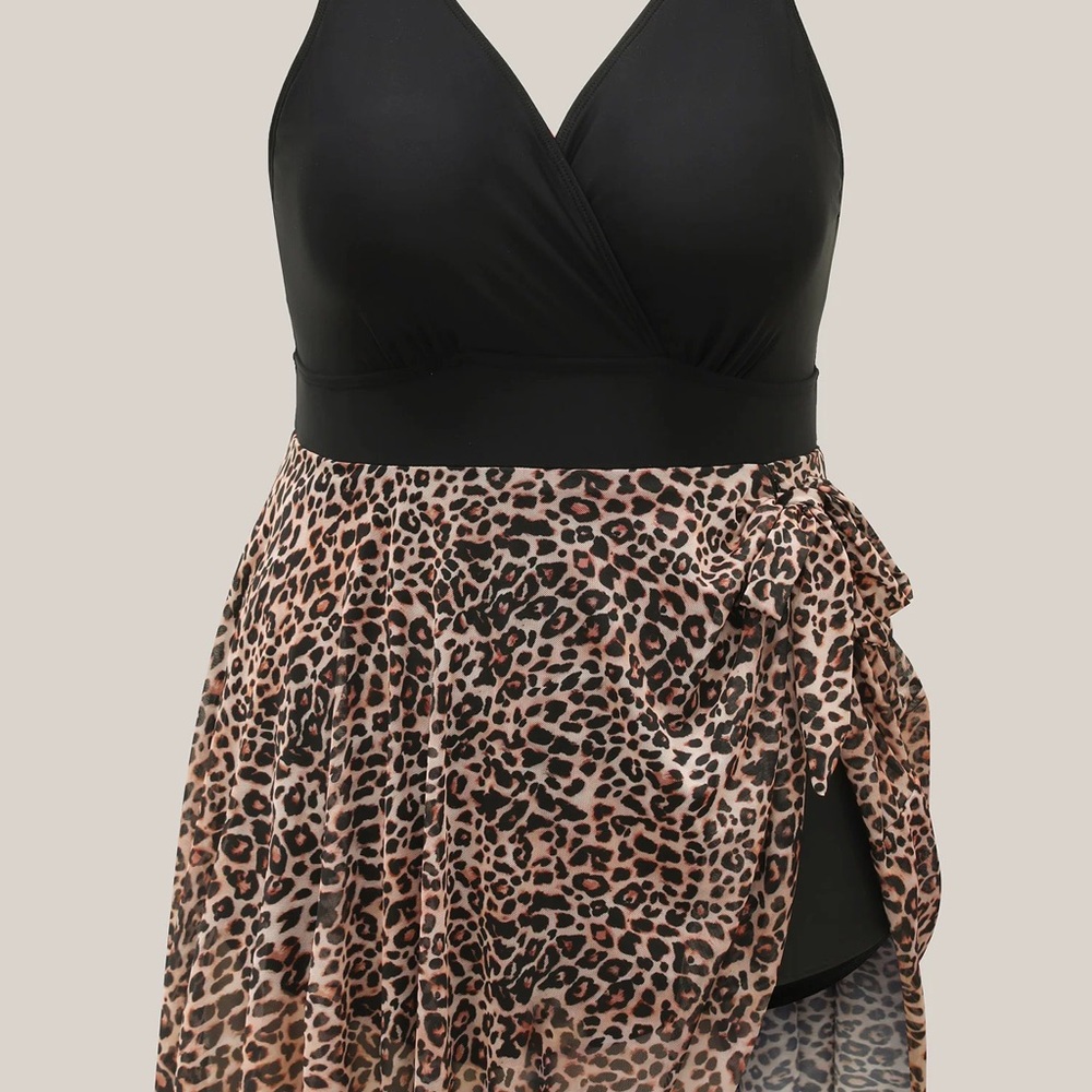 Black V-Neck Swim-Dress with Leopard Skirt